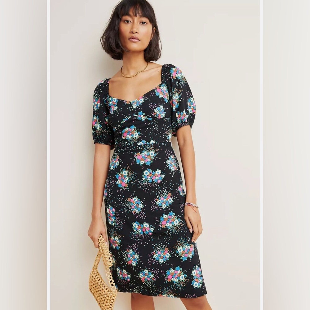 NWT Anthropologie Scarletta Sweetheart Mini Black Floral Dress Women's Size 14
